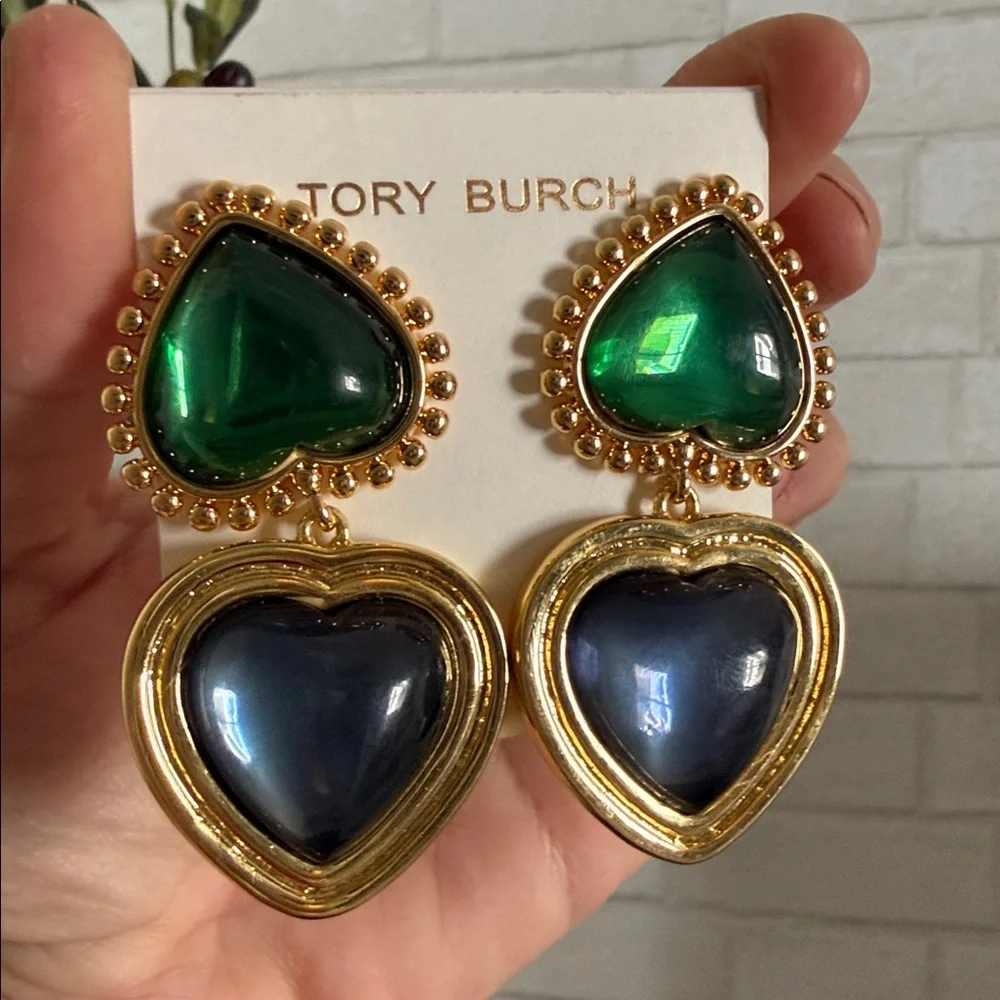 Nwt Tory Burch Green and Blue Heart clip on Earrings